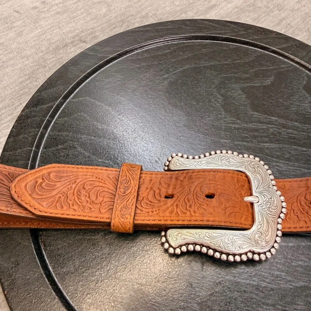 Tony Lama 34 Layla Floral Tooled Leather Western Belt Silver Buckle C50739